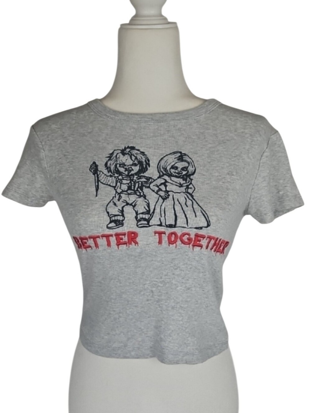 Chucky & Bride Embroidered Baby Tee Gray Grunge Horror Punk Goth Gothic Movie, S